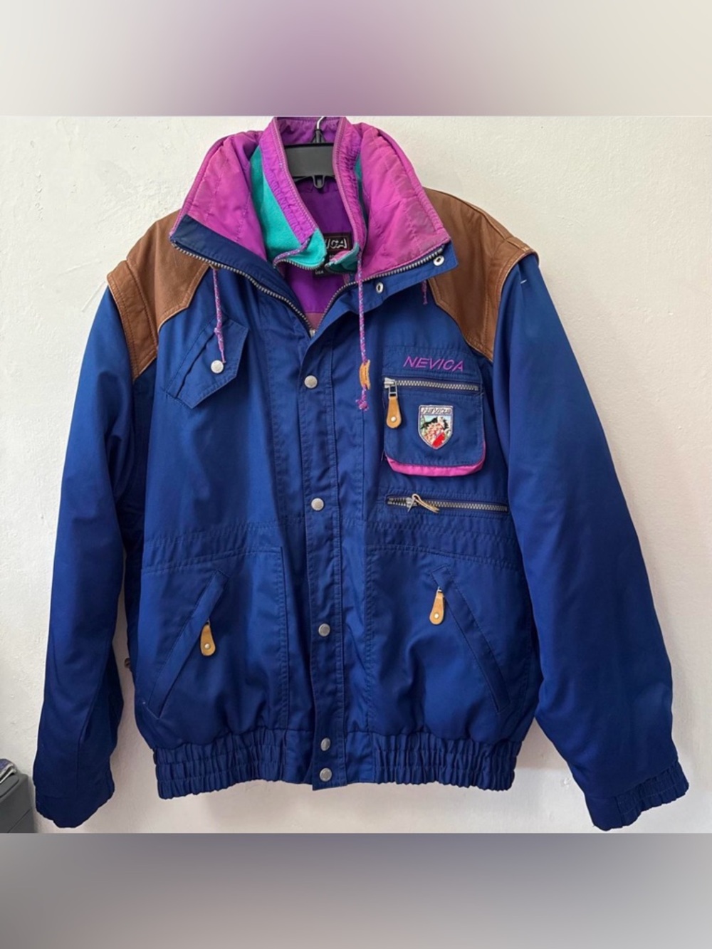 Vintage Nevica Blue Ski Jacket with brown leather details #Size 40 Blue/ Purple